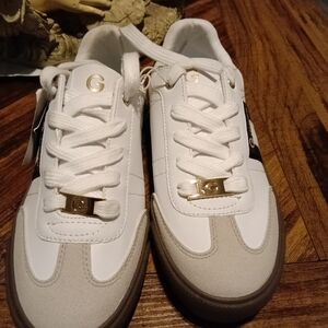 White and Beige Sneakers with Gold Accents